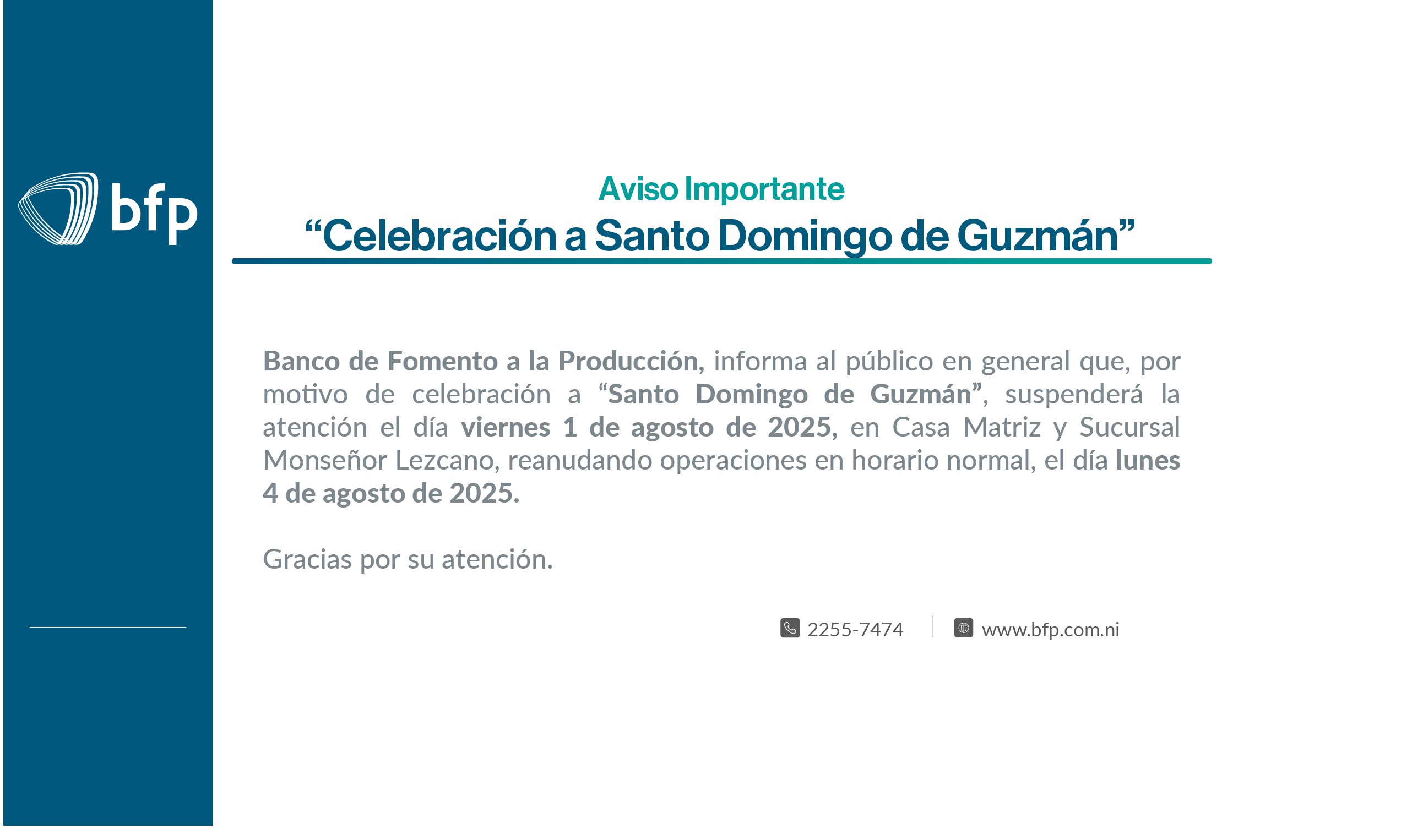 Cierre por Festividades Santo Domingo
