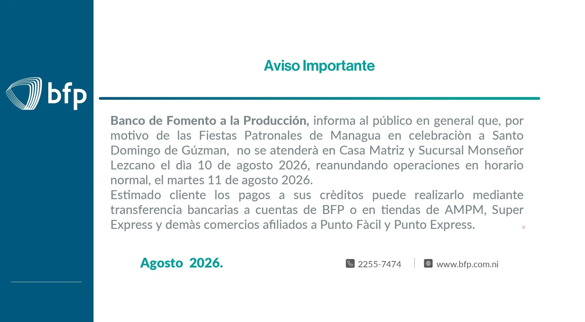 AVISO IMPORTANTE FERIADO MANAGUA