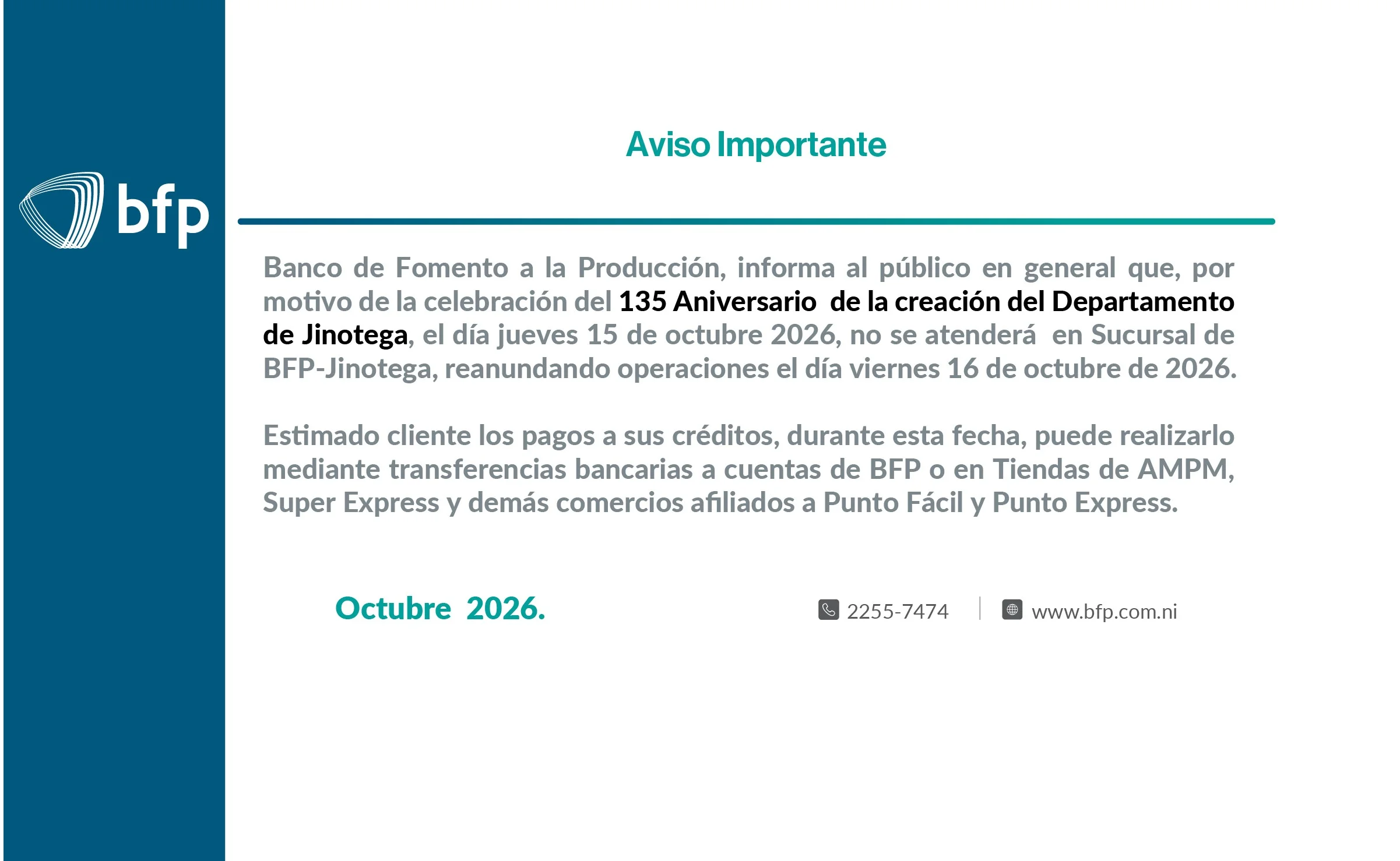 AVISO ATENCIÓN SUCURSAL JINOTEGA