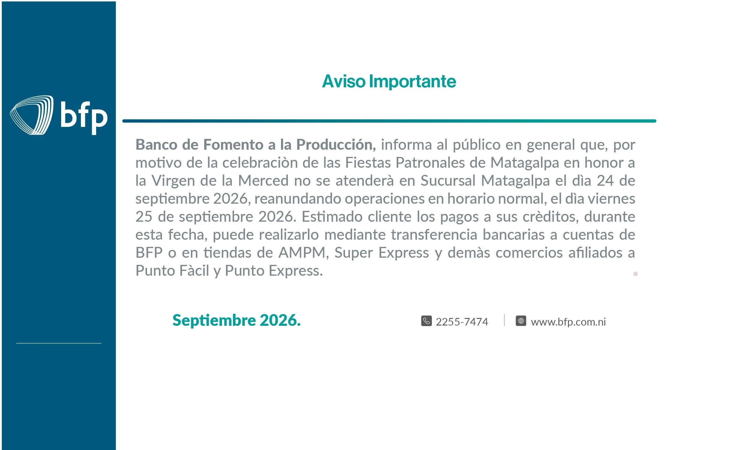 ATENCION SUCURSAL MATAGALPA
