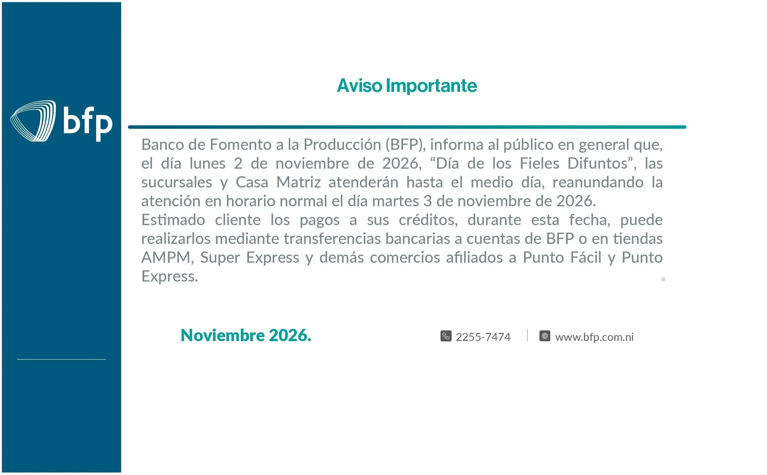 Atención hasta el mediodía 2 de noviembre 2026