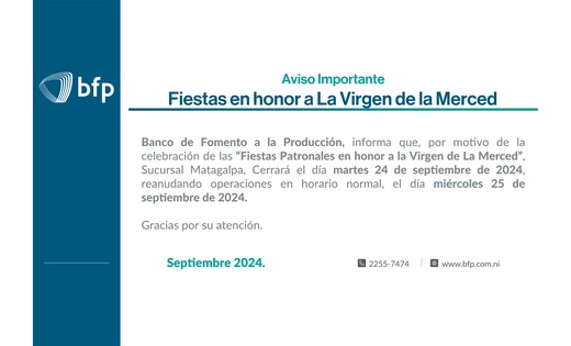 Horario de atención Sucursal Matagalpa