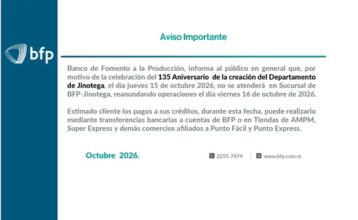 AVISO ATENCIÓN SUCURSAL JINOTEGA